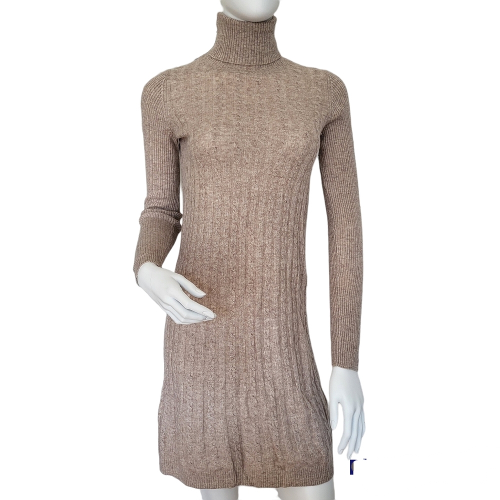 Uniqlo tan wool cashmere blend knit turtle neck mini sweater dress  Size XS